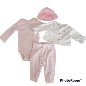 Carter's Infant Girl 4 Piece Bundle Pink White Jacket Onesie Pants Cap Size 3mo